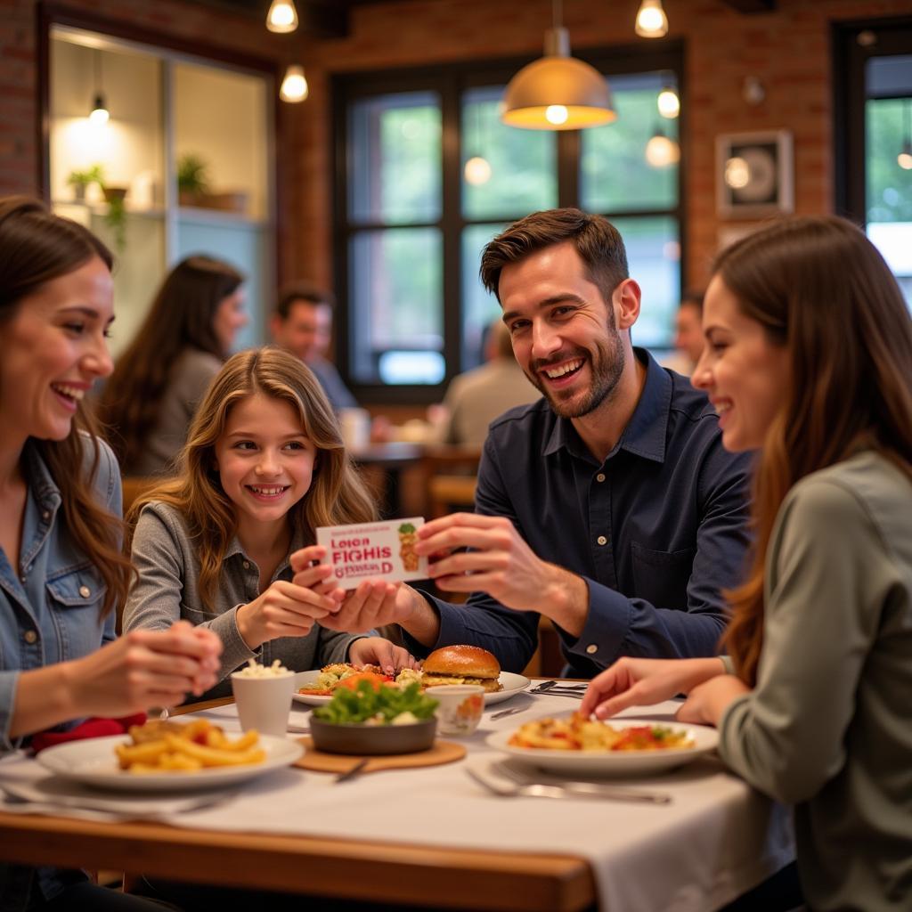 A happy family using their Food Fight Gift Card at a restaurant.