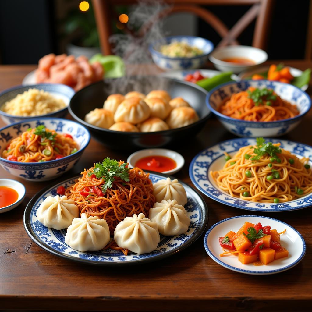 A vibrant spread of various happy fortune Chinese dishes, including dumplings, noodles, and stir-fries.