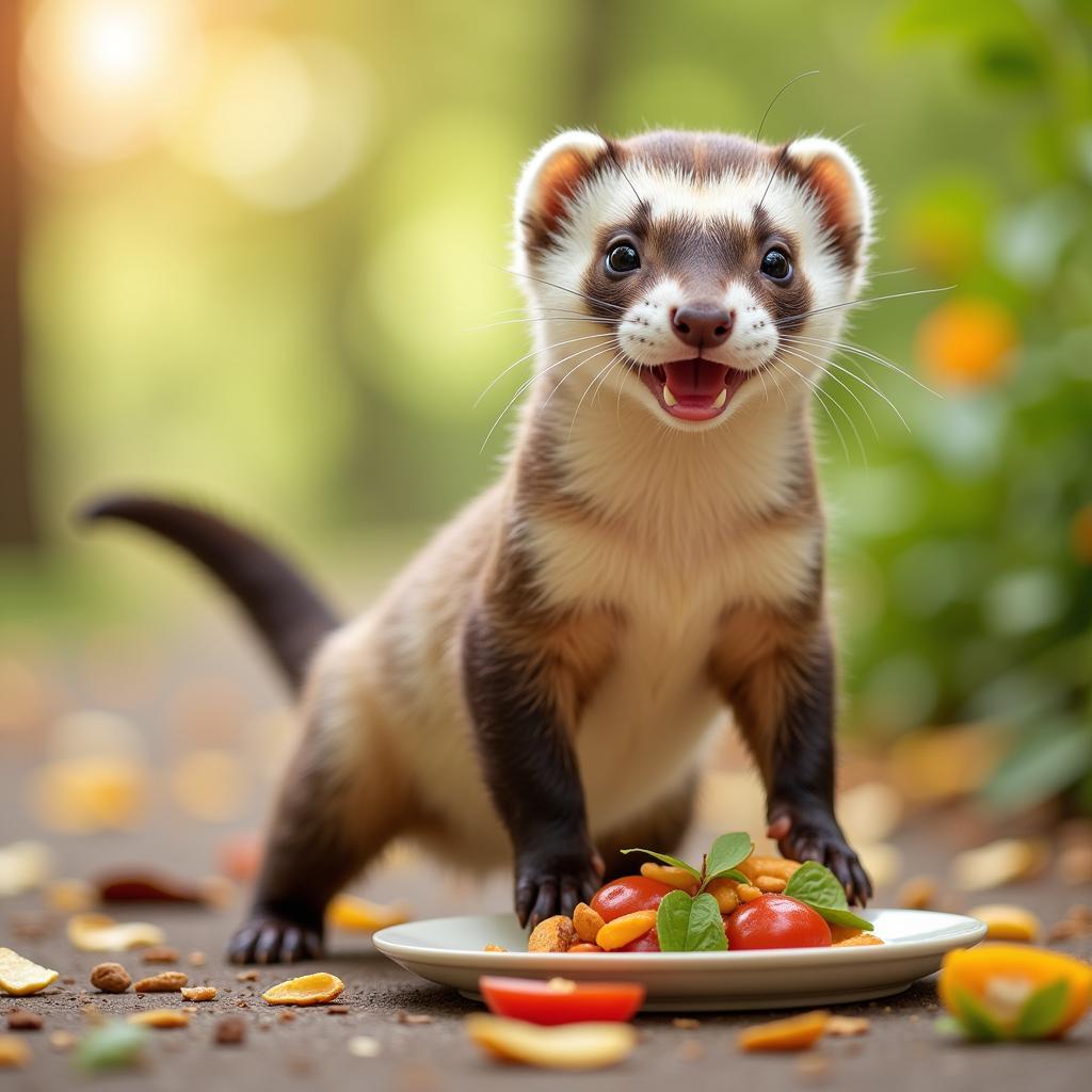 A happy and healthy ferret playing with a toy.