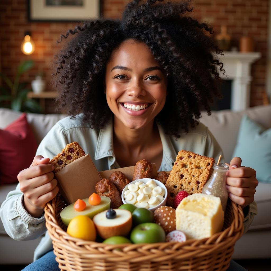 A happy recipient opening a food gift basket and smiling with delight.