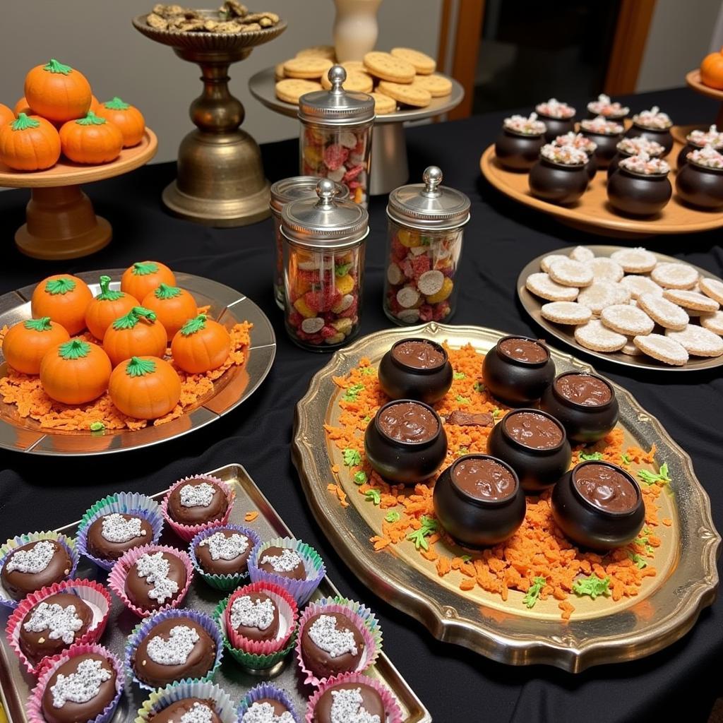 An assortment of Harry Potter inspired Halloween desserts, including cauldron cakes and chocolate frogs.