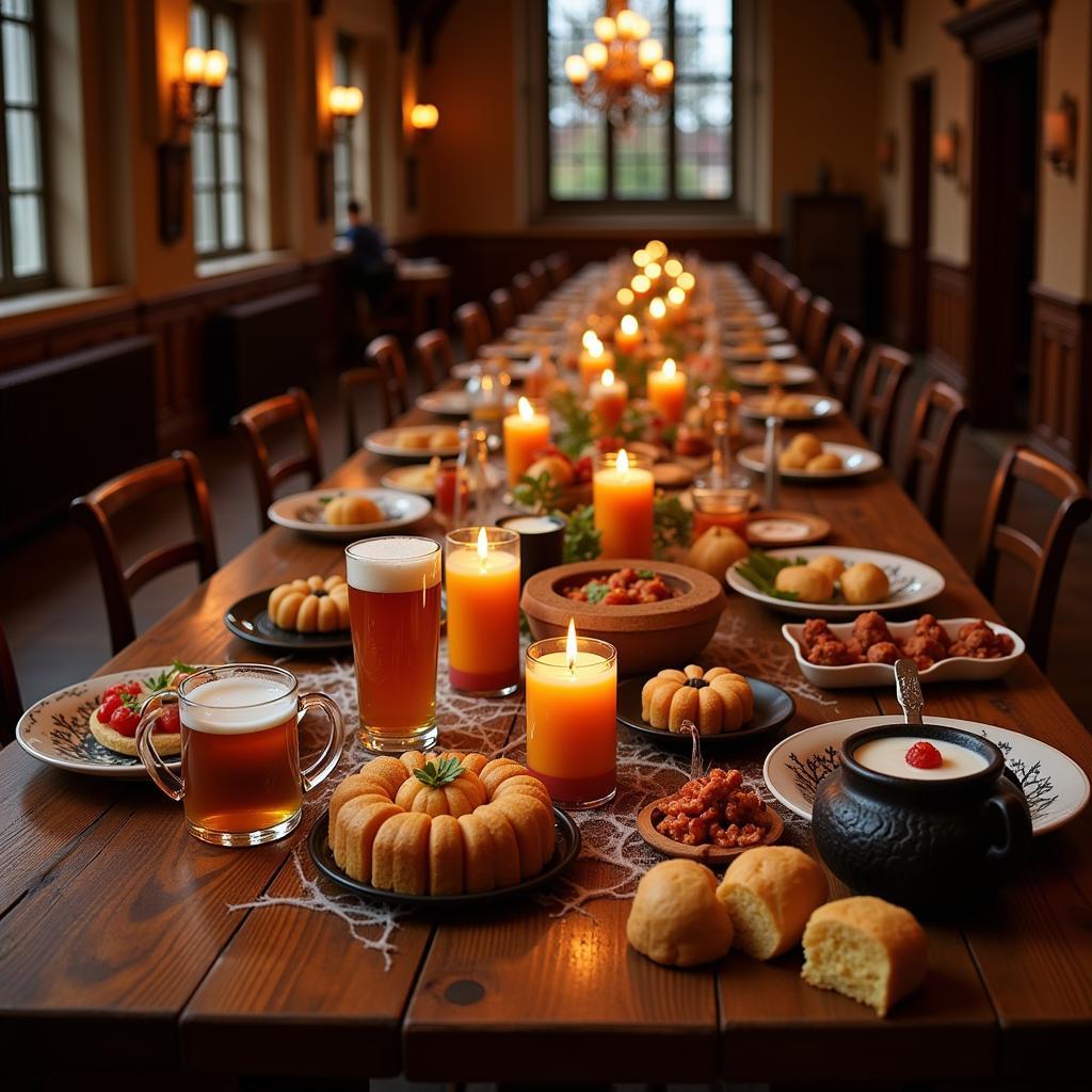 A long table laden with Harry Potter inspired Halloween food, including pumpkin pasties, cauldron cakes, and butterbeer.