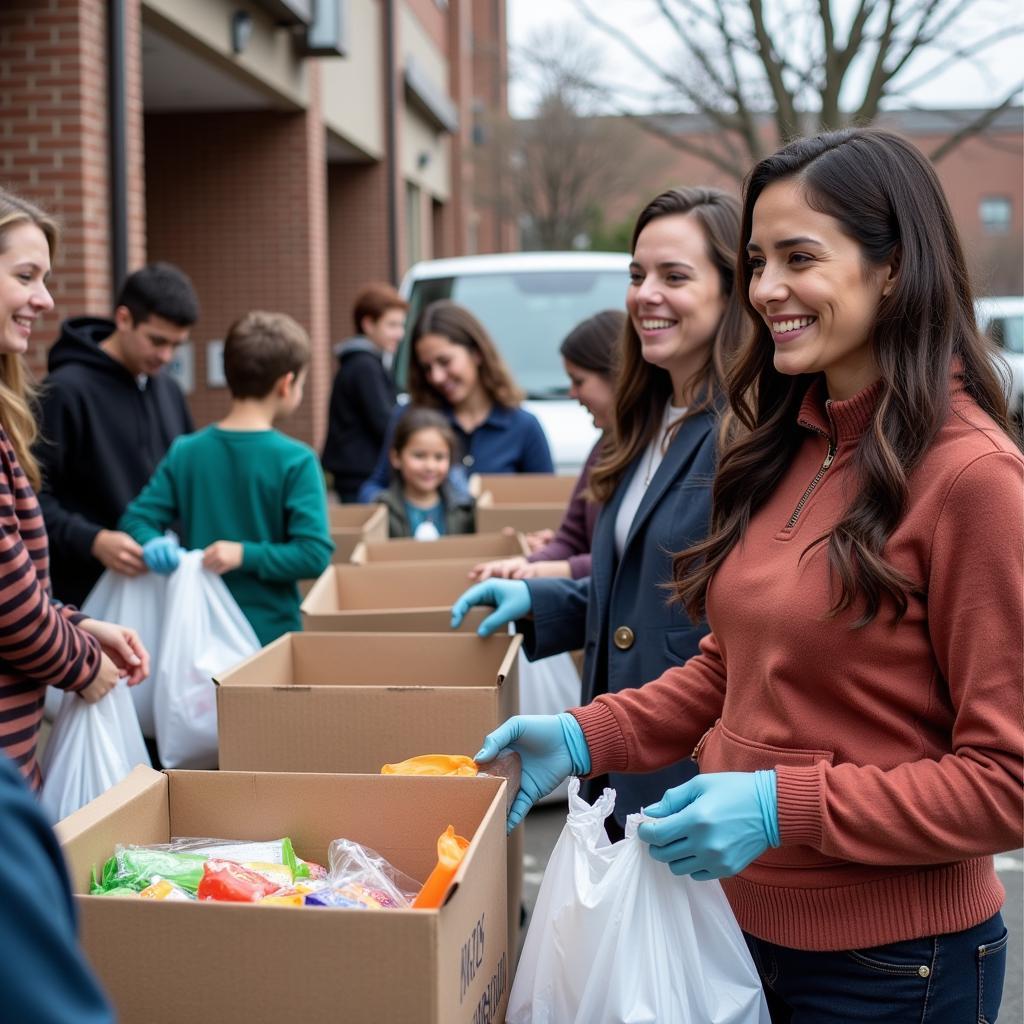 Community members donating food and supplies to the Harvest Church food distribution center.