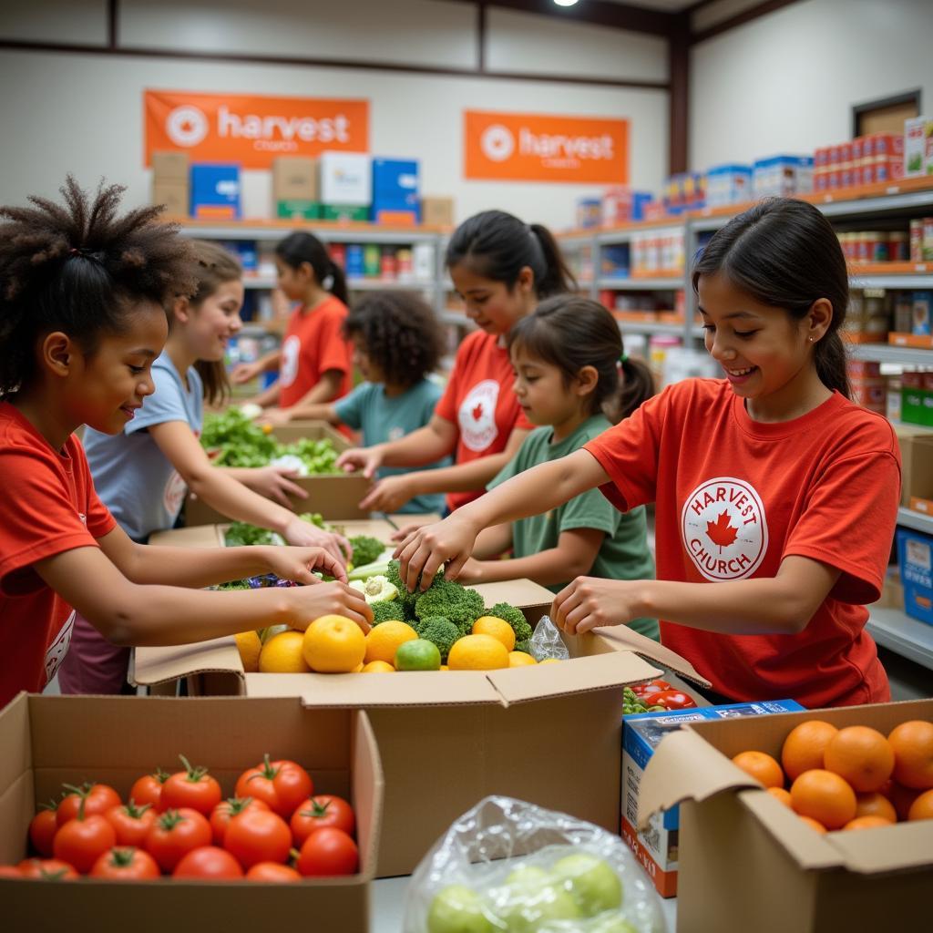 Volunteers at the Harvest Church food distribution center sorting and packing food boxes for families in need.