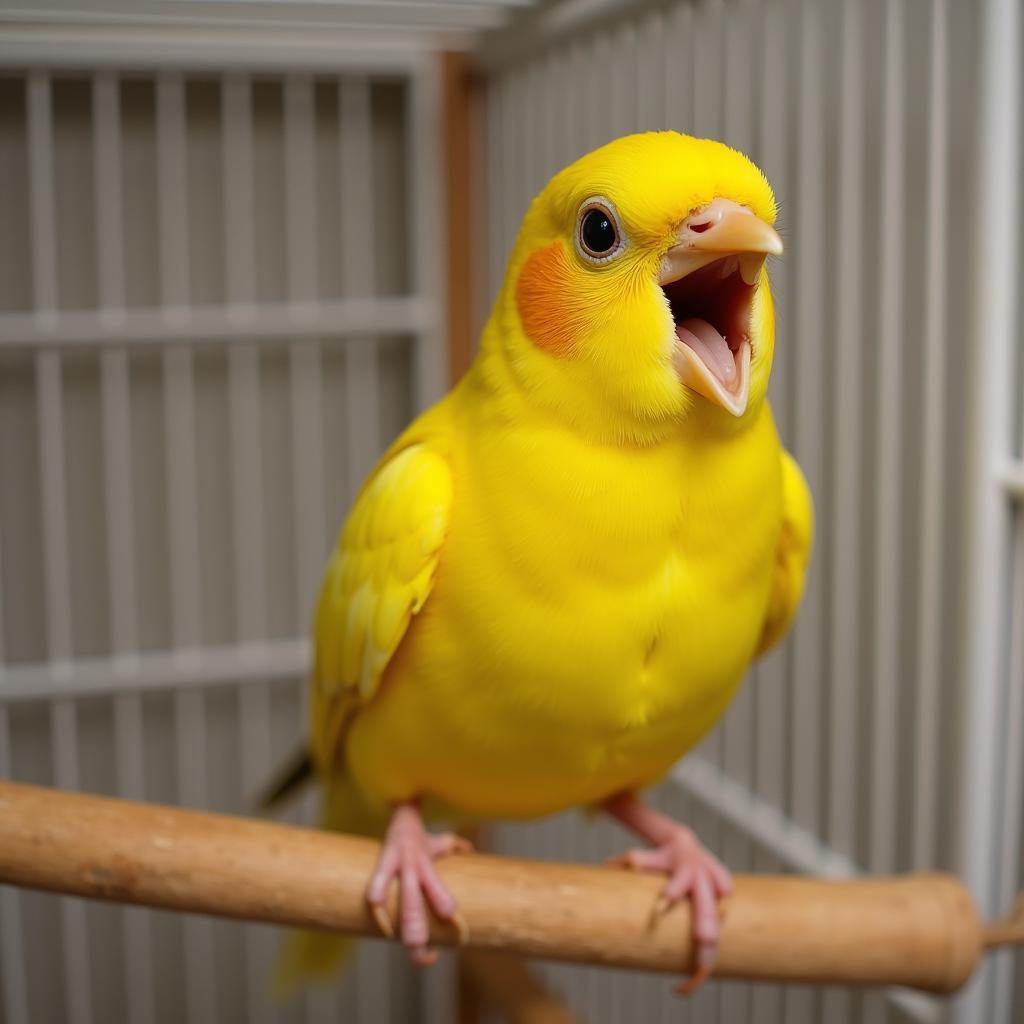 A healthy, vibrant canary perched in its cage, singing melodiously.