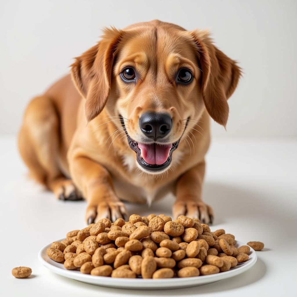 Healthy dog eating food with supplements