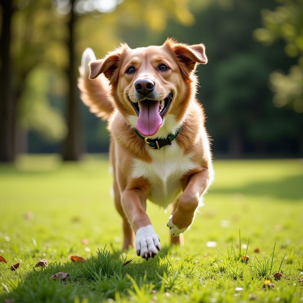 Happy, healthy dog enjoying playtime outside