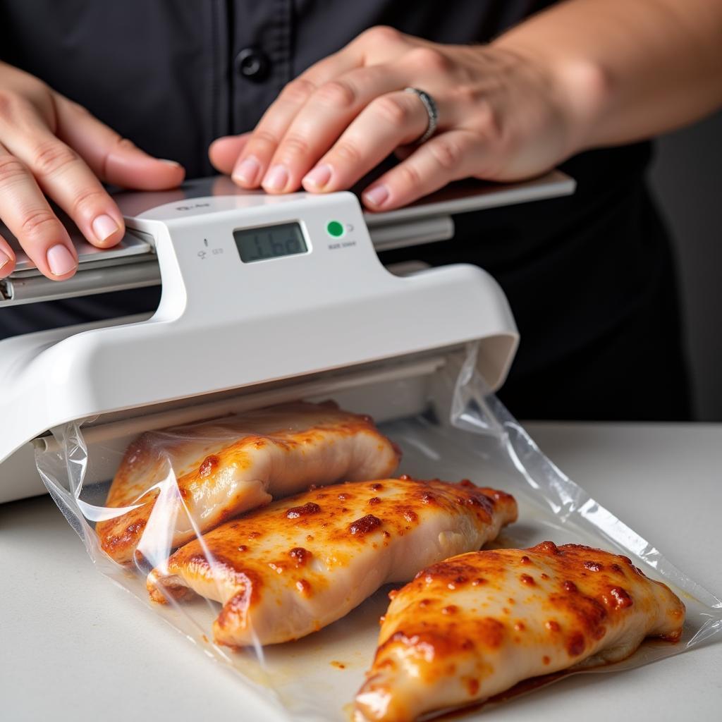 A heat sealer in action, sealing a bag filled with food, highlighting the process and the airtight seal created.