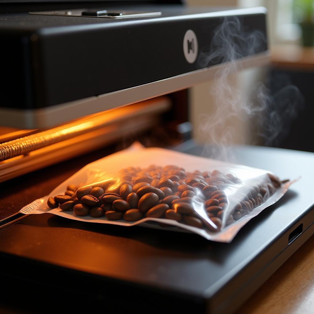 Heat Sealer Sealing a Bag of Coffee Beans