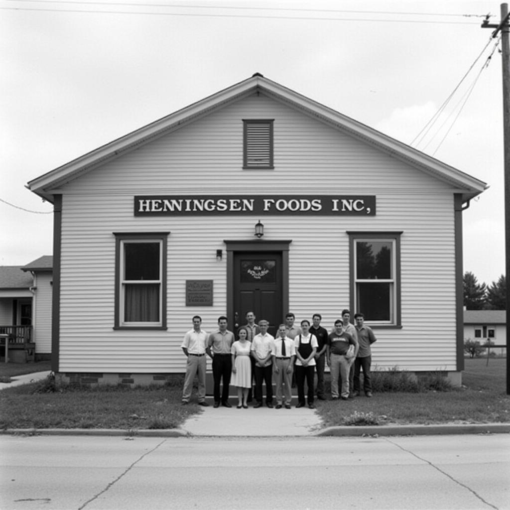 Henningsen Foods Inc. in its early days, showing the original factory and a few employees.