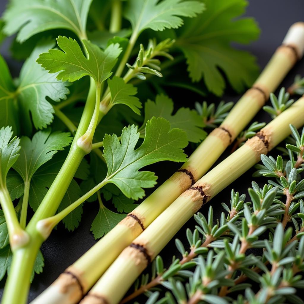 Close-up shot of herbs and spices rich in myrcene, including thyme, lemongrass, basil, and parsley.