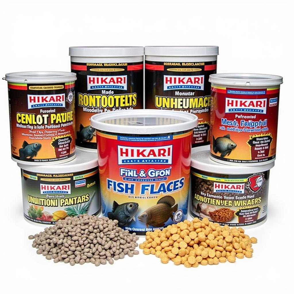 Various types of Hikari fish food pellets and flakes displayed in containers