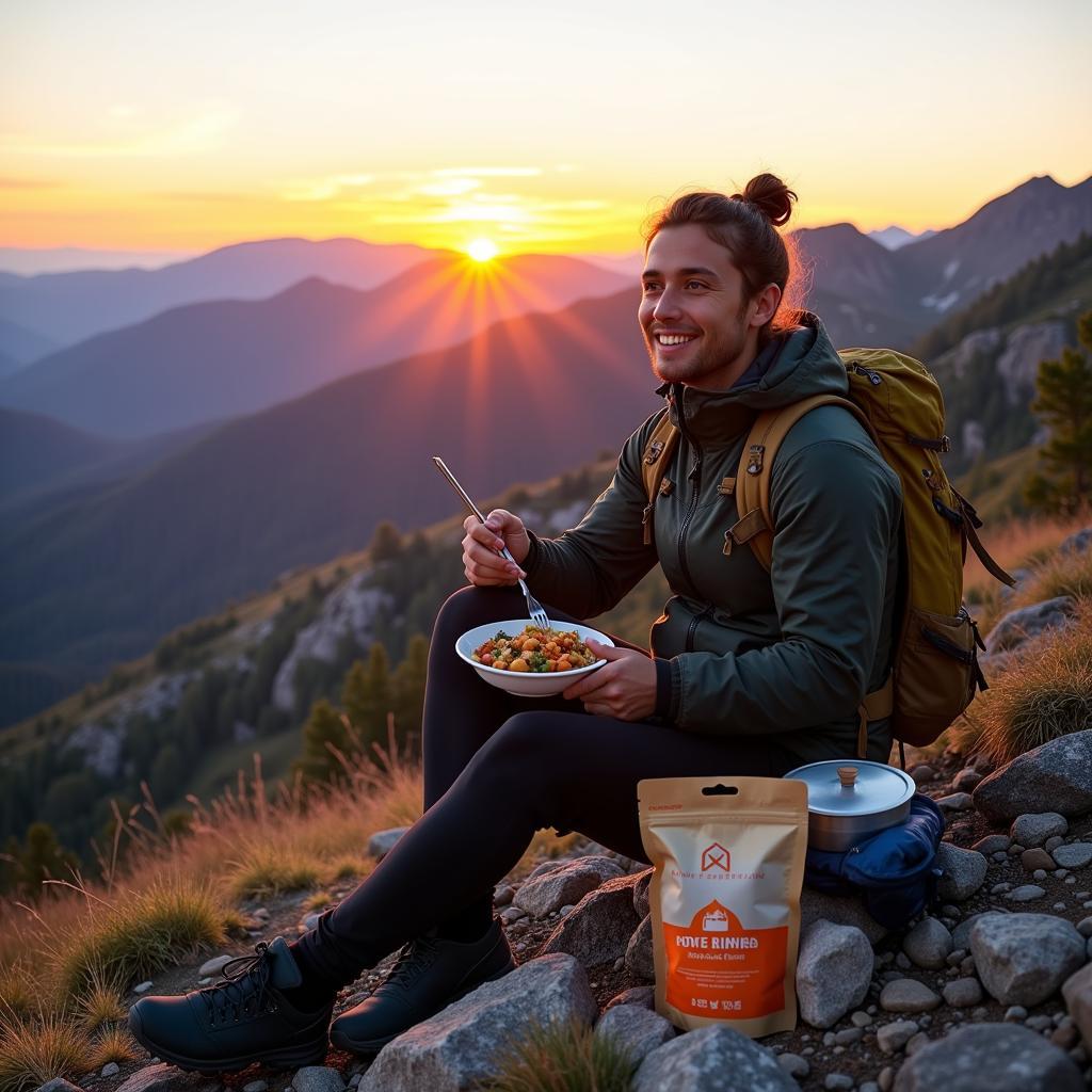 Hiker enjoying an alpine freeze-dried meal on a mountain top