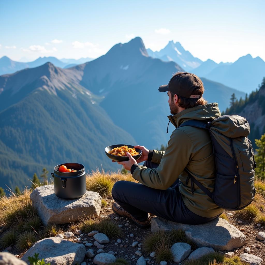 A hiker enjoying a freeze-dried meal with a breathtaking mountain view in the background.