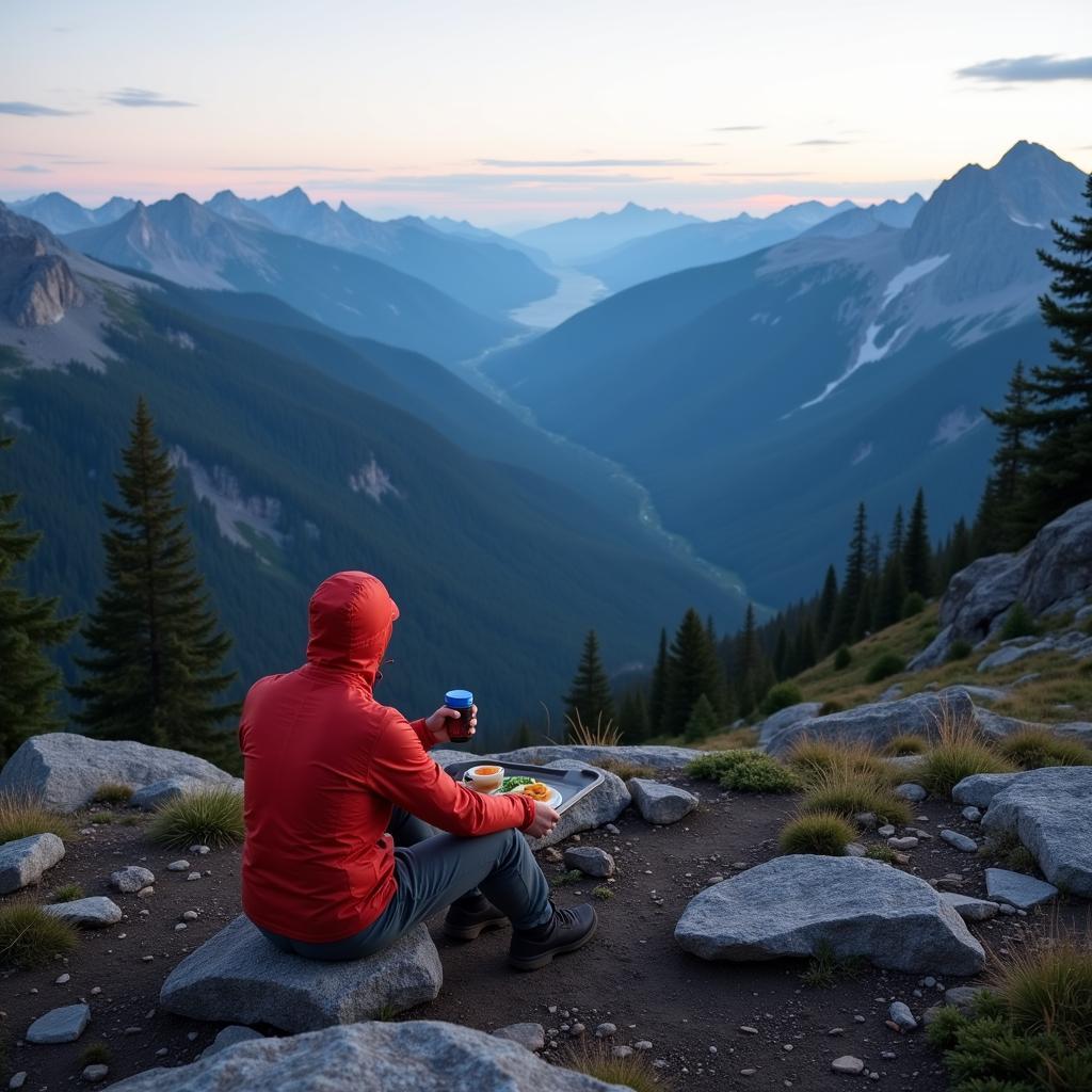 A hiker enjoys a hot meal prepared using a food heat pack on a mountaintop.