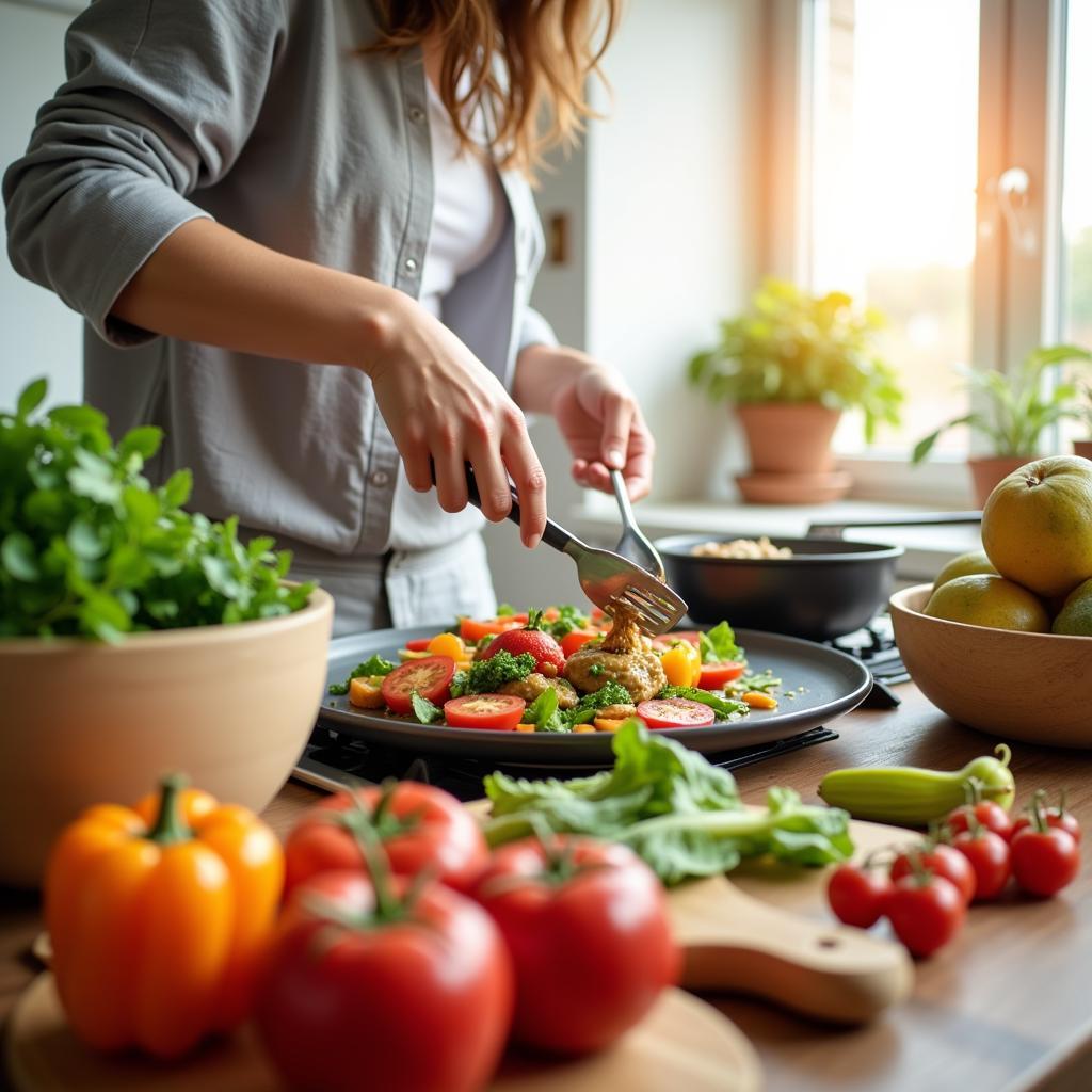 Preparing a meal at home with fresh, healthy ingredients.