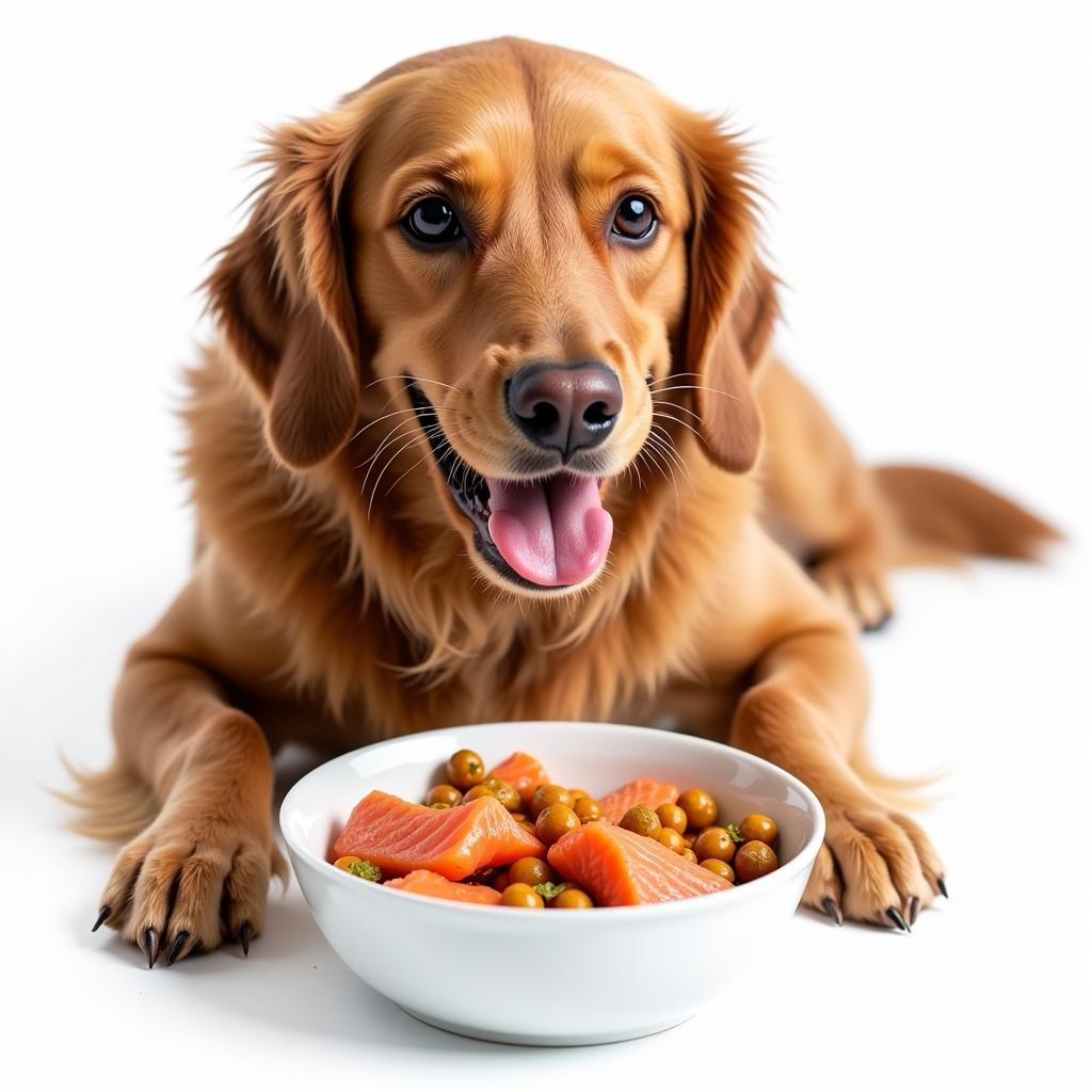 A dog enjoying a bowl of homemade salmon and chickpea dog food