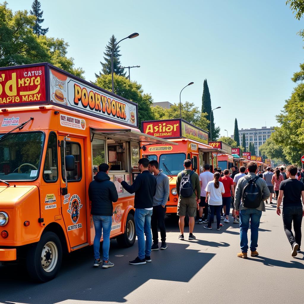 A vibrant scene of diverse food trucks parked along a busy street, offering a variety of cuisines.