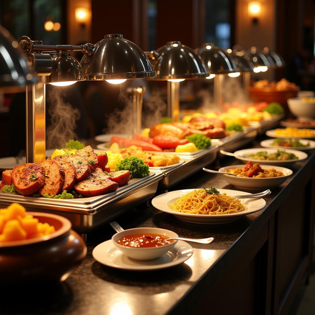 A vibrant buffet spread featuring a variety of hot case food items, including roasted meats, steamed vegetables, and pasta dishes.