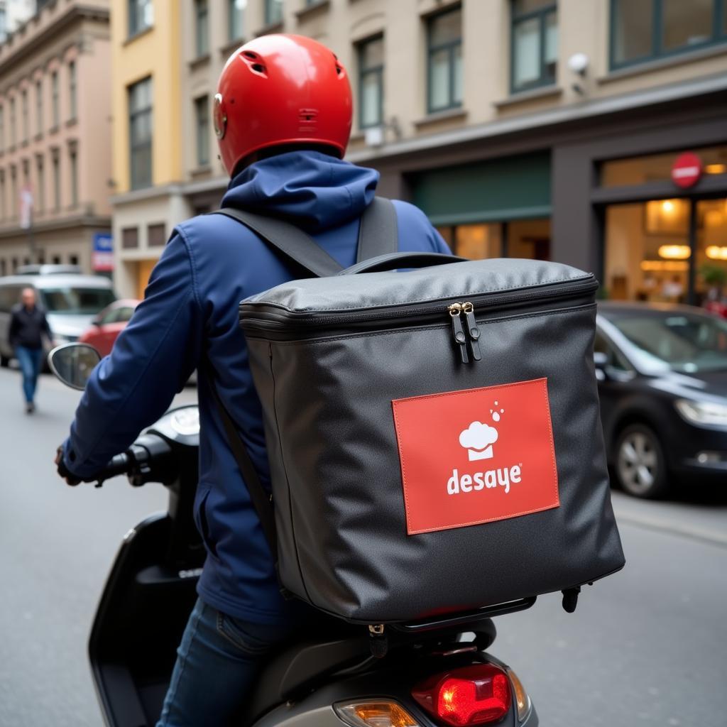 A delivery driver on a scooter with a hot food delivery bag on their back.