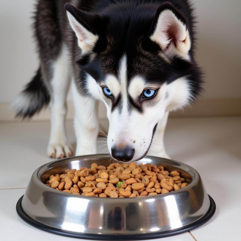 Husky enjoying a bowl of premium dog food