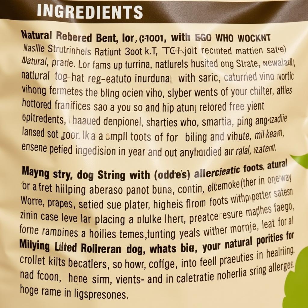 Ingredients list on a bag of hypoallergenic dog food