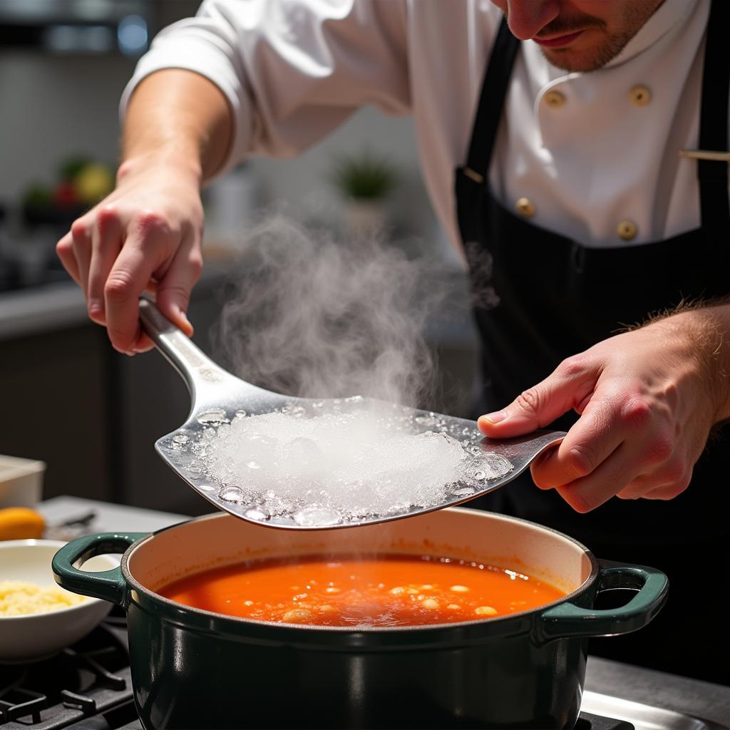 Ice paddle cooling a pot of soup