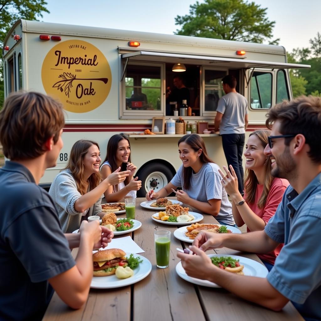 Happy customers enjoying their meals from the Imperial Oak Food Truck.