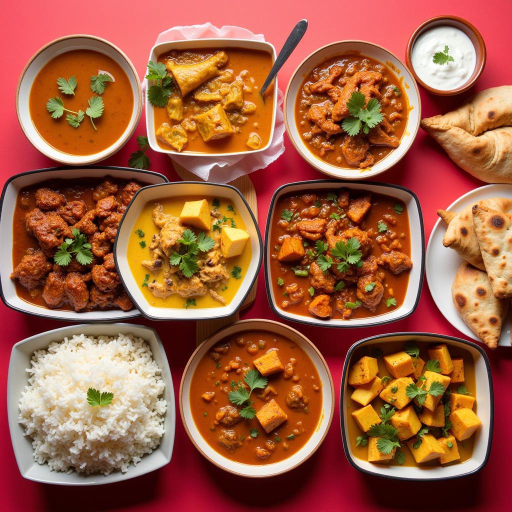 A table spread with various Indian dishes ready for delivery, including curries, naan, rice, and samosas.