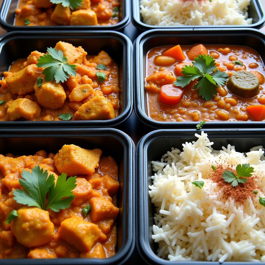 Colorful Indian food meal prep containers filled with various curries, rice, and vegetables.