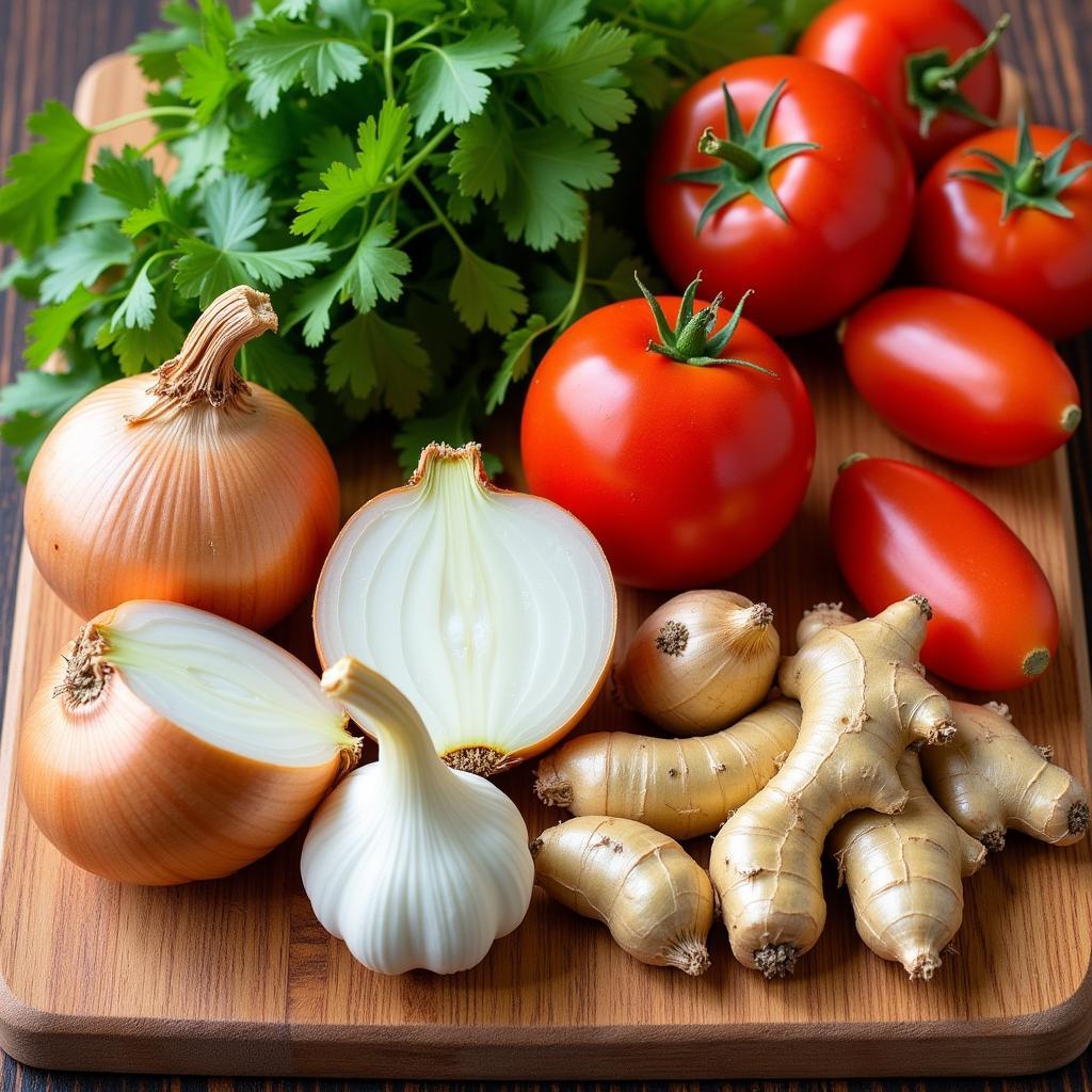 Fresh ingredients commonly used in Indian cooking such as onions, garlic, ginger, tomatoes, and cilantro.