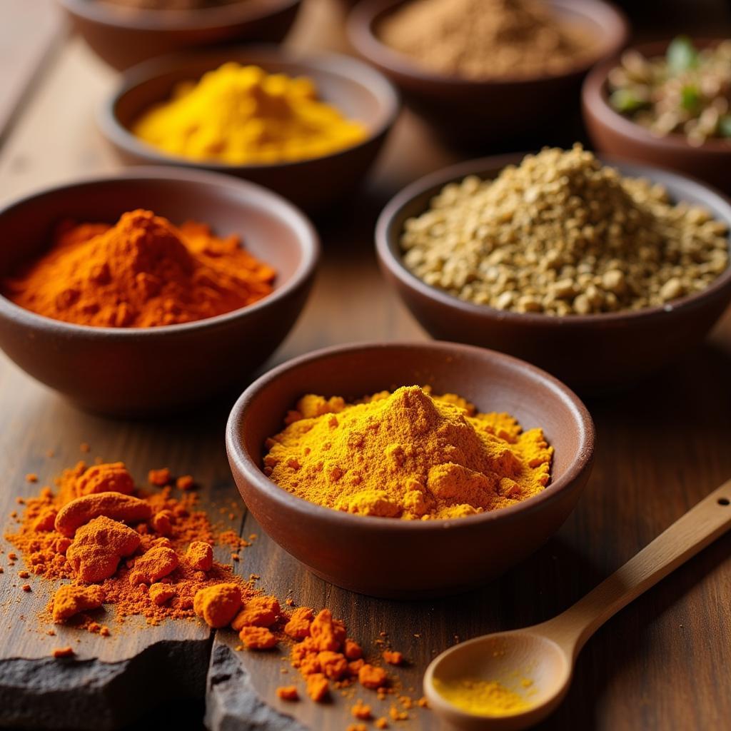 A variety of colorful Indian spices arranged on a wooden surface.