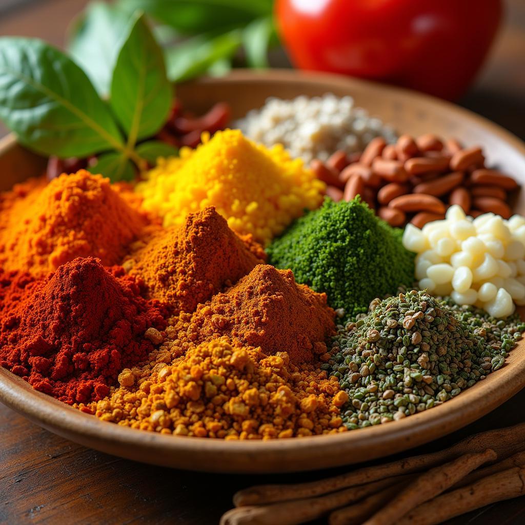 Close-up of fresh ingredients used in Indian frozen foods, including spices, vegetables, and herbs.