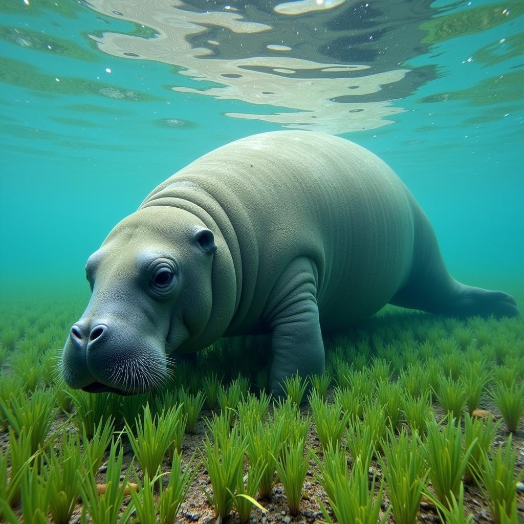 Manatee Grazing on Seagrass