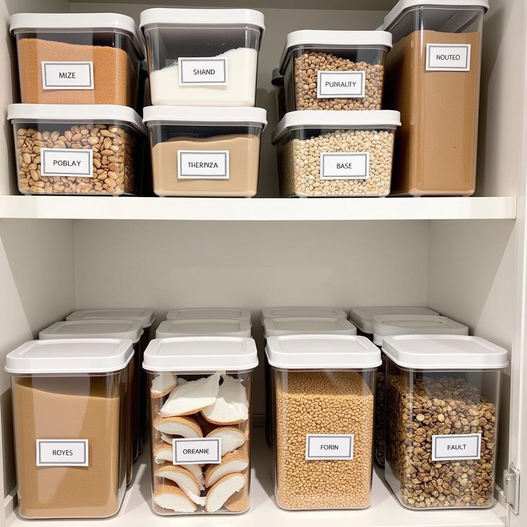 Individual food containers organizing dry goods in a pantry.