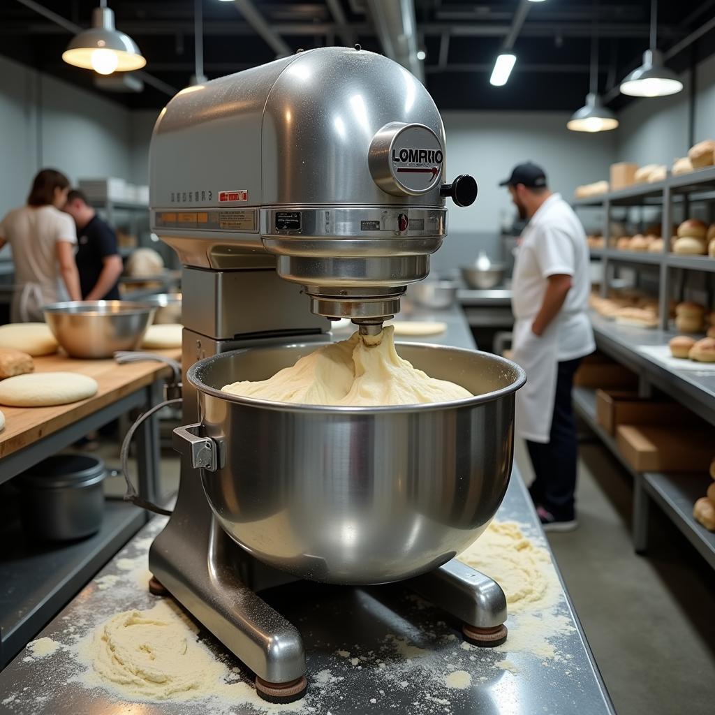 Industrial food mixer kneading dough in a commercial bakery