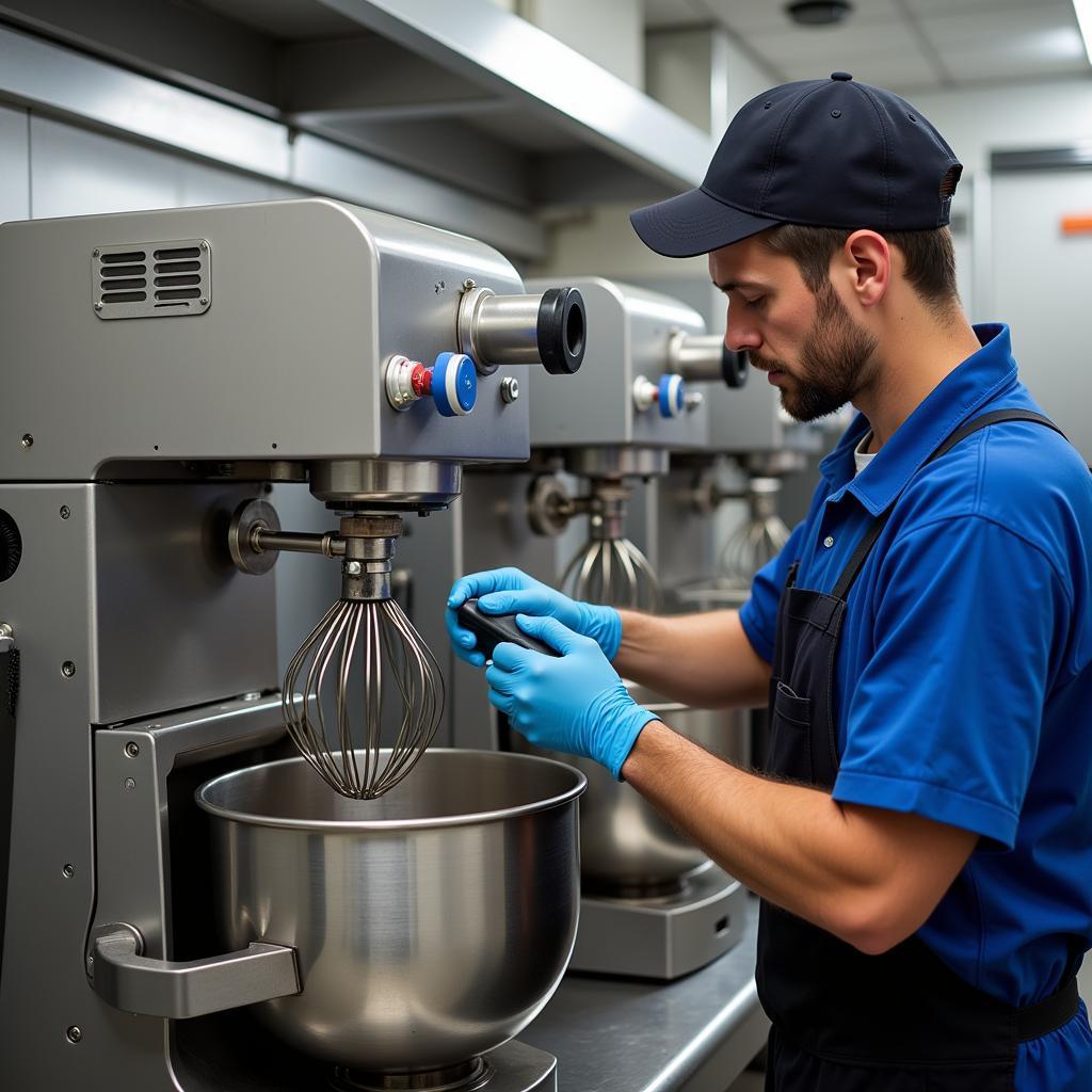 Technician performing regular maintenance on an industrial food mixer