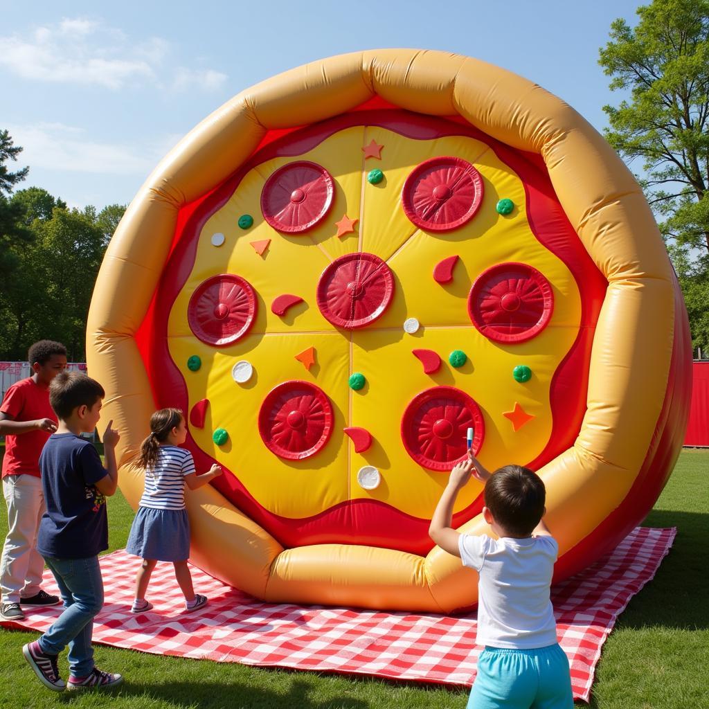 Giant inflatable pizza slice at a birthday party