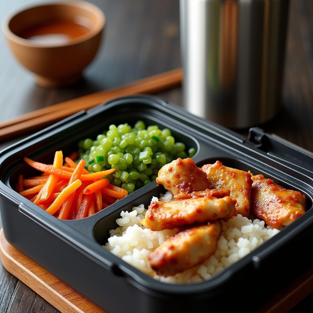 Insulated bento box with a hot meal of rice, vegetables, and meat.