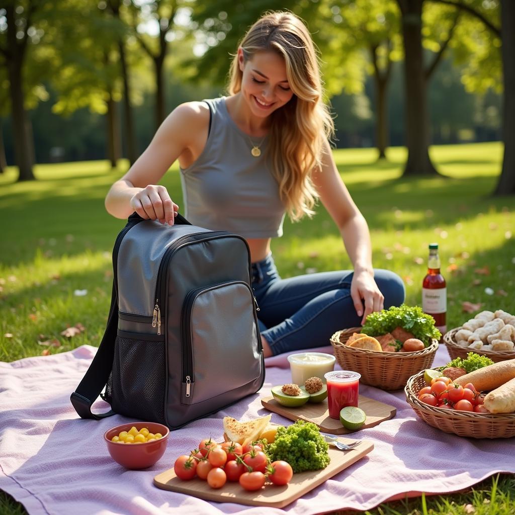 Person Using Insulated Food Backpack on a Picnic