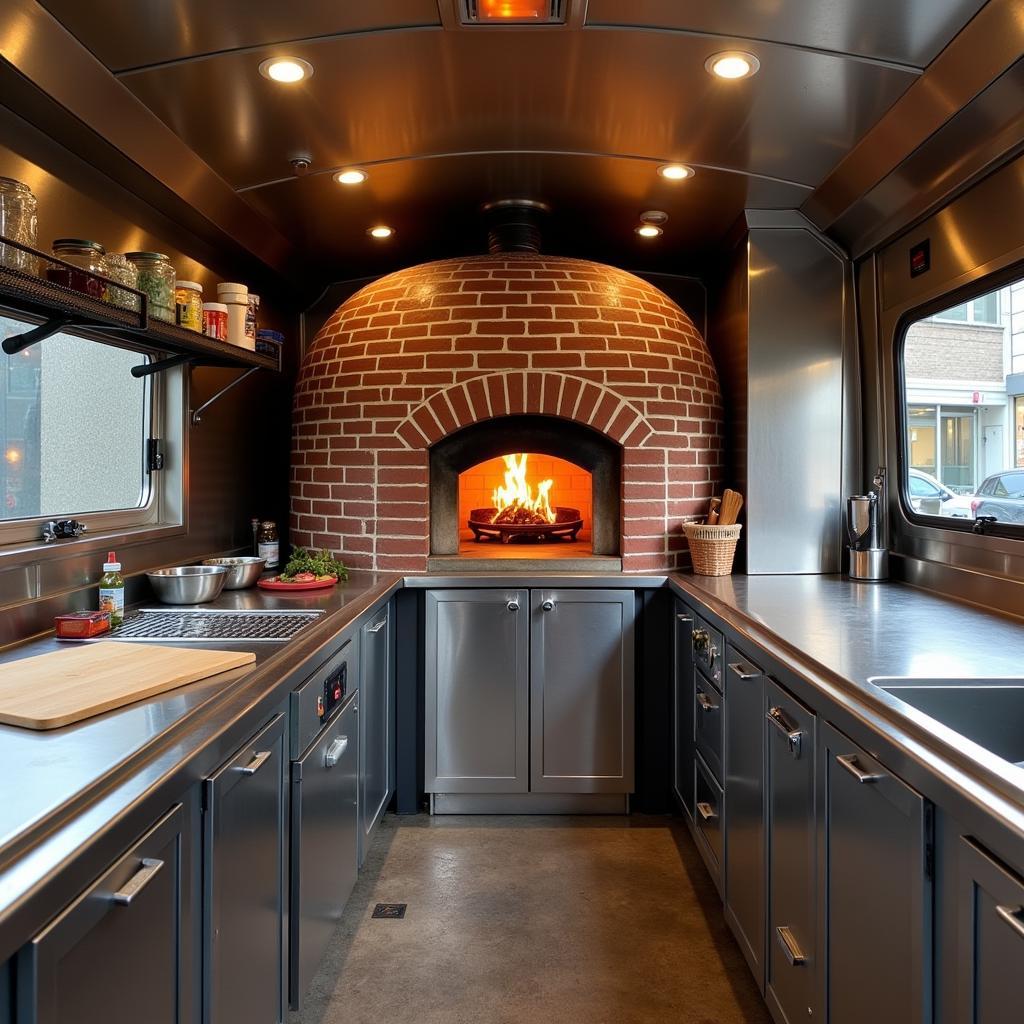 The interior of a brick oven pizza food truck showing the layout and equipment.