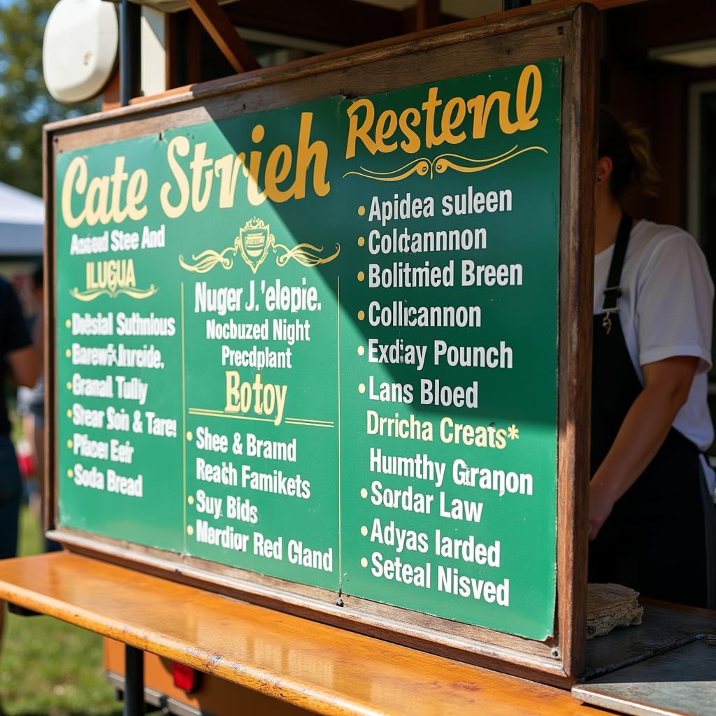 Close-up of a menu board featuring popular Irish dishes at a food truck