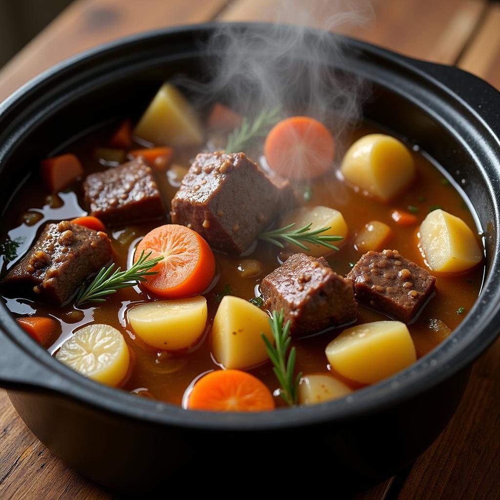 A steaming pot of Irish stew with lamb, potatoes, and carrots.