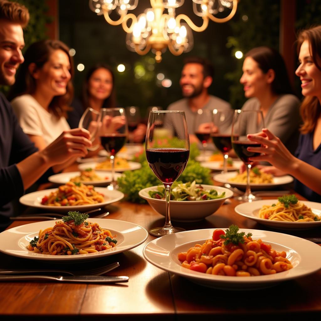 Italian Dinner Party with Shipped Food: A table set for an Italian dinner party, with dishes of pasta, salad, and wine.