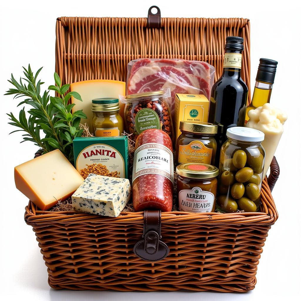 A bountiful Italian food gift basket overflowing with cheeses, cured meats, olives, pasta, and sauces.