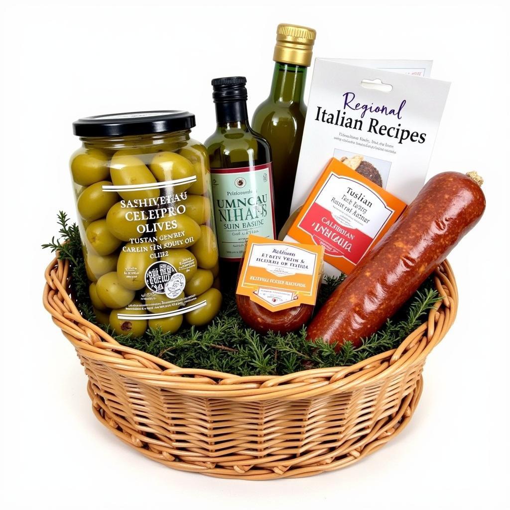 A gift basket featuring regional Italian specialties, including Sicilian olives, Tuscan olive oil, and Calabrian salami.