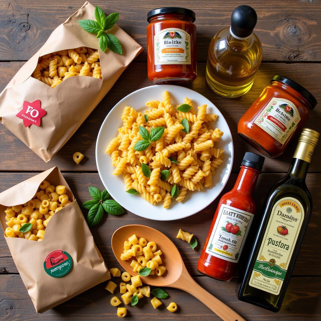 An assortment of individual Italian food gifts including various shapes of pasta, jars of vibrant tomato sauces, a bottle of extra virgin olive oil, and a wooden pasta server.