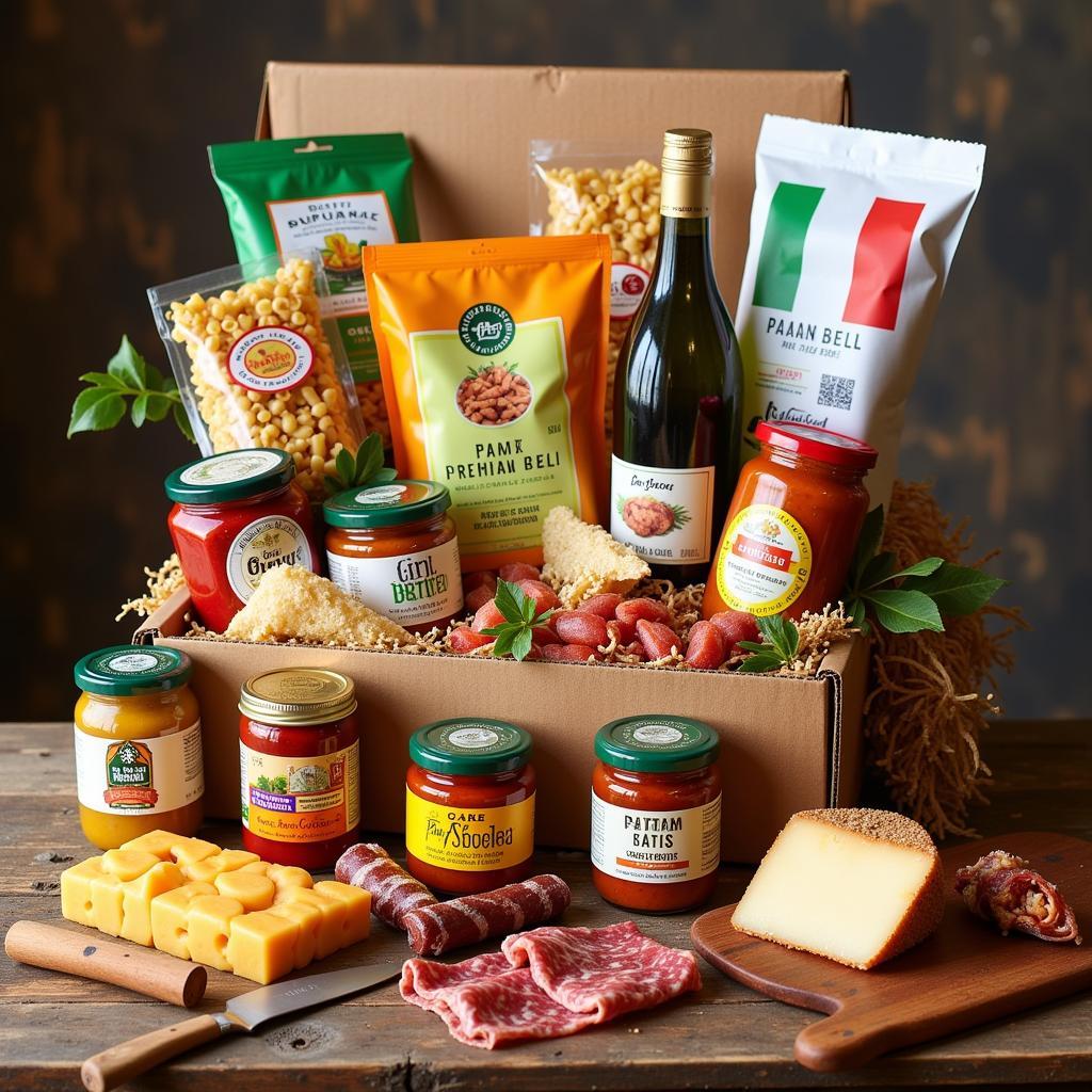 A curated box filled with various Italian food products, including pasta, olive oil, sauces, and cheeses.