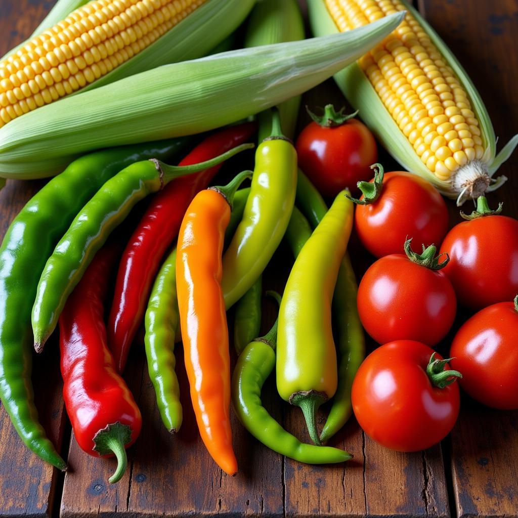 A colorful display of key ingredients in Jalisco cuisine: chiles, tomatoes, and corn.