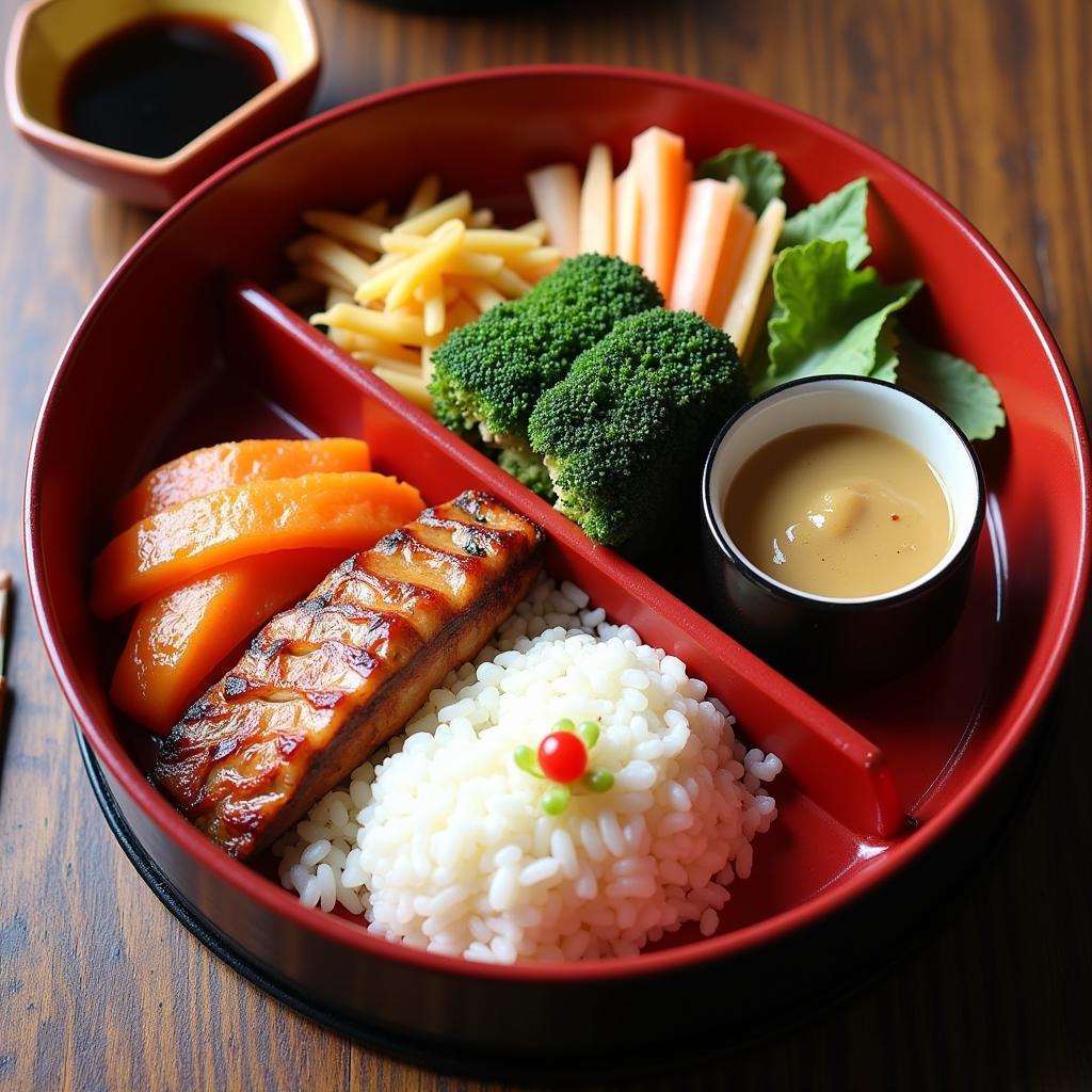 A colorful and balanced bento box meal served in a Japanese hospital